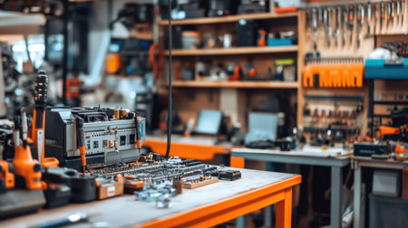 A bright and organized workshop filled with various tools, showcasing an ideal environment for craftsmen and hobbyists to engage in repair and building projects.の素材