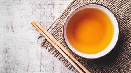 Discover the essence of tranquility with this warm cup of tea placed on a rustic wooden table, accompanied by bamboo chopsticks and natural fabric. Perfect for relaxation moments.の素材