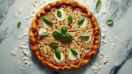 A beautifully arranged margherita pizza featuring fresh basil leaves and melted cheese on a marble surface sprinkled with flour, ideal for food photography and culinary art.の素材
