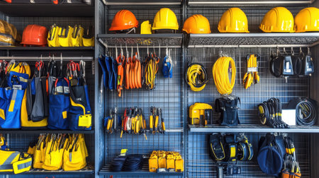 Well-arranged display of construction tools and safety equipment, showcasing various hard hats, gloves, cords, and accessories for professionals in the industry.の素材