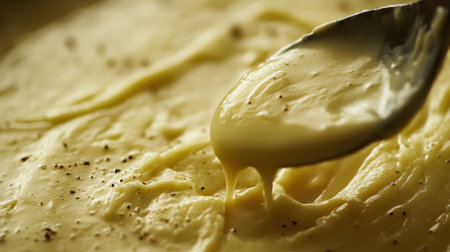 Close-up image of a creamy homemade sauce resting on a spoon, featuring a rich texture and a sprinkle of black pepper, perfect for culinary inspiration in kitchens.の素材