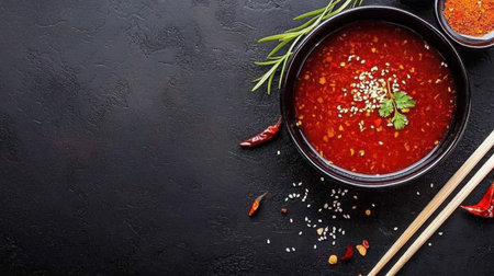A vibrant bowl of spicy red soup garnished with fresh cilantro and sesame seeds, set against a dark textured background, ideal for food enthusiasts and culinary creations.の素材