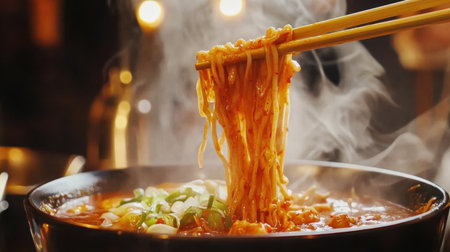 A mouthwatering bowl of steaming noodles, topped with fresh greens and rich sauce. Perfect for showcasing comforting cuisine and delightful dining experiences.の素材