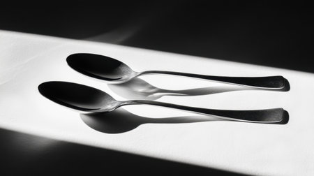 This striking black and white image features two sleek spoons elegantly positioned, creating shadows on a bright surface that enhances minimalist decor aesthetics.の素材