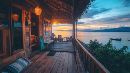 Experience serenity in this oceanfront cabin featuring a cozy wooden deck, perfect for relaxing at sunset while enjoying breathtaking views of calm waters.の素材