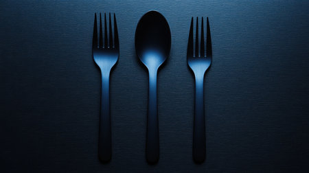 This artistic composition showcases modern cutlery including forks and a spoon on a sleek, dark background, illuminated by soft blue light, creating an elegant dining atmosphere.の素材