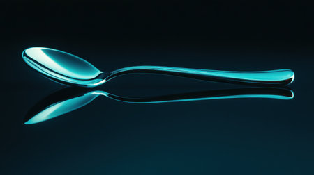 Close-up of an elegant silver spoon on a dark surface, showcasing its beautiful reflection. This minimalist design represents contemporary kitchenware aesthetics.の素材