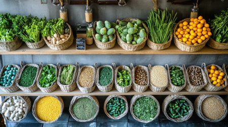 A charming display of fresh organic produce arranged in rustic baskets, showcasing a diverse selection of vegetables, fruits, grains, and nuts in a market setting.の素材