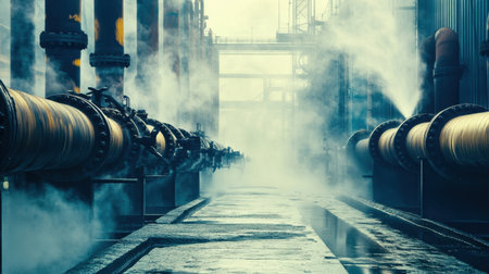 A dramatic view of industrial pipes releasing steam in a factory. This atmospheric setting showcases engineering and technology dynamics within a manufacturing environment.の素材