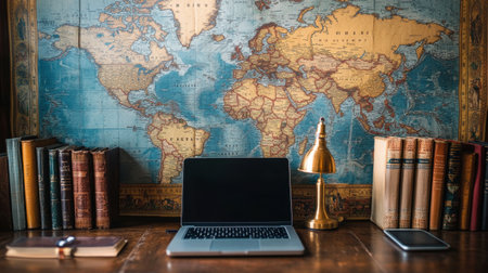 A cozy workspace featuring a laptop, vintage world map, and wooden books, ideal for travel enthusiasts and explorers. Perfect for inspiration and creativity.の素材