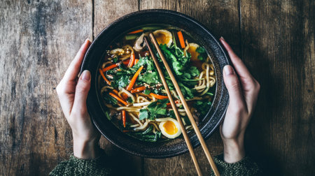 A cozy bowl of noodle soup featuring fresh vegetables and a soft-boiled egg, beautifully presented on a rustic wooden table, ideal for warming up on chilly days.の素材