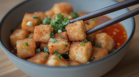 Enjoy a close-up view of crispy golden fried tofu cubes, garnished with fresh chopped green onions and accompanied by a spicy dipping sauce, perfect for any meal.の素材