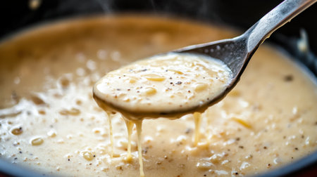 Discover the artistry of creating a creamy sauce in this close-up image. Steam rises from a pan, capturing the essence of homemade comfort food preparation.の素材