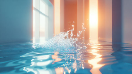 A captivating image depicting a water splash in a serene indoor environment, with soft light cascading over the calm surface, evoking feelings of tranquility and relaxation.の素材