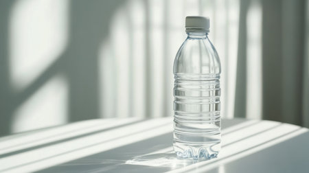 A clear plastic water bottle sits on a white surface with soft shadows and natural light. The serene composition captures simplicity and emphasizes freshness.の素材
