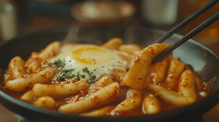 This vibrant dish features spicy tteokbokki rice cakes topped with a soft egg and green onion, creating a perfect blend of flavors that excite the palate.の素材