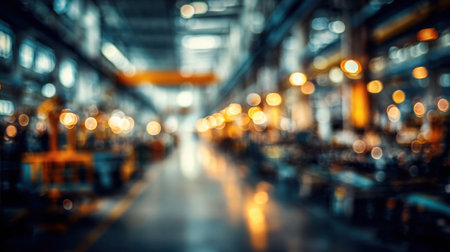 This image captures a blurred industrial factory interior, featuring soft glowing lights and machinery, ideal for conveying a modern and atmospheric aesthetic.の素材