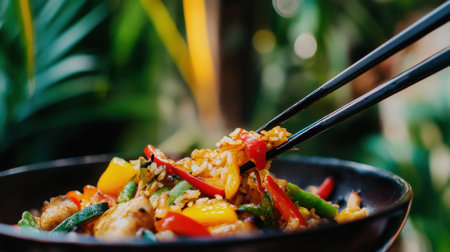 A vibrant stir-fried rice dish with assorted vegetables, served in a dark bowl. The lush green backdrop enhances the colorful presentation, ideal for food lovers.の素材