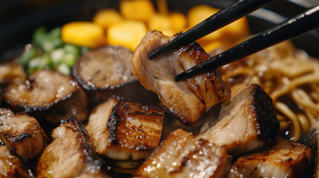 Close-up image of grilled pork skewers on a black plate, accompanied by noodles and colorful vegetables. A mouthwatering scene that highlights culinary artistry.の素材