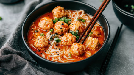 A captivating image of a tasty noodle bowl featuring savory meatballs, fresh herbs, and a rich broth. Ideal for food lovers and culinary inspiration.の素材