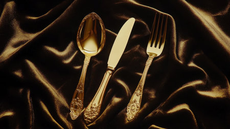 A stunning gold cutlery set placed elegantly on a rich black silk fabric. The gleaming spoon, knife, and fork highlight luxury dining and exquisite craftsmanship.の素材