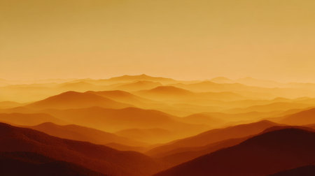 A breathtaking view of layered mountains bathed in soft orange tones during sunset. The serene atmosphere evokes feelings of peace and wonder, perfect for nature lovers.の素材
