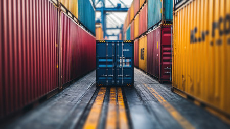 A striking view of a blue shipping container positioned among vibrant cargo containers, capturing the essence of logistics and transport operations in a freight yard.の素材