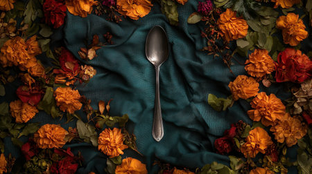 A stunning composition featuring a silver spoon placed gracefully among vibrant flowers on a rich fabric backdrop, showcasing beauty and elegance, ideal for artistic projects.の素材