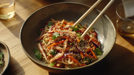 A vibrant noodle salad featuring fresh vegetables and sesame seeds, served in a beautiful bowl with chopsticks, perfect for health-conscious eating.の素材