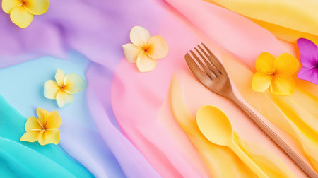 Bright and soft textiles in pastel colors paired with wooden utensils and tropical flowers create a cheerful and inviting atmosphere perfect for culinary art and events.の素材