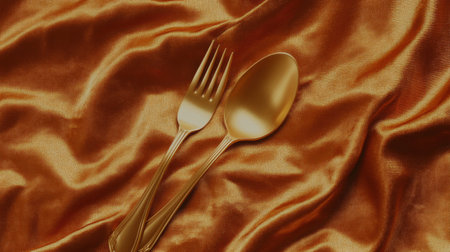 This image features an elegant gold fork and spoon placed on rich satin fabric, ideal for showcasing luxury dining themes and sophisticated culinary presentations.の素材