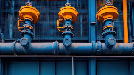 A close-up view of industrial pipes and valves featuring vibrant orange components against a blue backdrop, showcasing modern engineering in vibrant factory environments.の素材