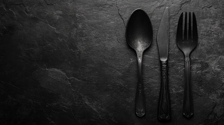 This image features a set of black kitchen utensils, including a spoon, knife, and fork, elegantly arranged on a dark slate surface, perfect for modern culinary presentations.の素材