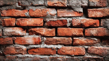 This image showcases a close-up view of a rustic red brick wall, highlighting its textured surface and weathered mortar, perfect for backgrounds or architectural themes.の素材