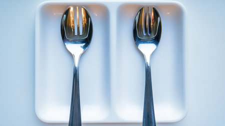 Two stainless steel forks are elegantly placed on a minimalist white plate, reflecting soft light, perfect for culinary presentations in dining or hospitality settings.の素材
