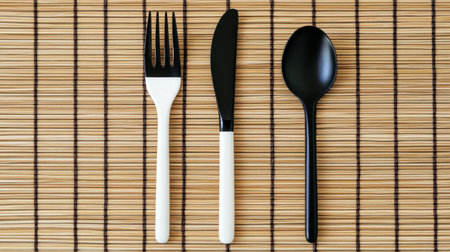 A refined black and white cutlery set displayed on a bamboo mat, perfect for modern dining settings. Ideal for enhancing culinary presentations and stylish meals.の素材