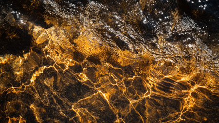 This image captures the mesmerizing surface of water, showcasing golden reflections and gentle waves under bright sunlight, evoking peace and tranquility.の素材