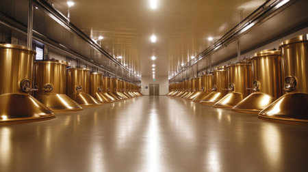 This image captures the interior of a contemporary brewery with large golden fermentation tanks. The clean and well-structured environment reflects a modern brewing process.の素材