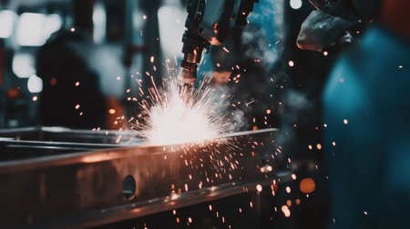 Close-up view of a welder's hand operating a tool that produces vibrant sparks, showcasing the dynamic energy and craftsmanship involved in industrial welding processes.の素材