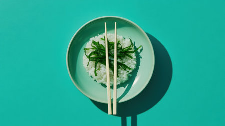 A beautifully styled bowl of freshly cooked rice topped with seaweed, complemented by wooden chopsticks, set against a vibrant turquoise background for a striking visual.の素材