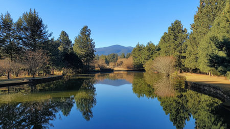 A stunning shot capturing the calm waters of a lake surrounded by lush pine trees and distant mountains under a clear blue sky, perfect for nature enthusiasts.の素材