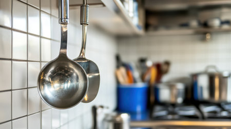 A close-up image showcasing stainless steel cooking utensils, including ladles, elegantly hanging on a kitchen wall, with a modern and bright culinary atmosphere.の素材