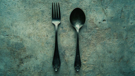 This artistic image features a vintage silver fork and spoon against a textured concrete background, perfect for culinary inspiration and rustic table setting designs.の素材