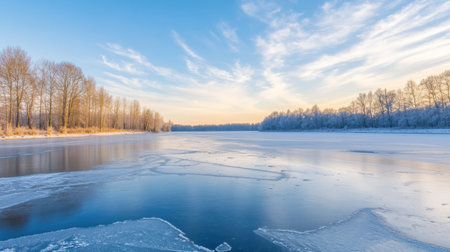 A stunning winter landscape showcasing a frozen lake at sunrise, framed by frosty trees and clear blue skies, evoking a sense of peace and tranquility.の素材