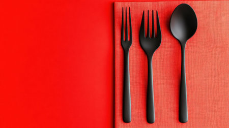 A neat arrangement of black cutlery, including a fork, spoon, and knife, sits on a vibrant red background, showcasing modern dining aesthetics in a simple yet striking design.の素材