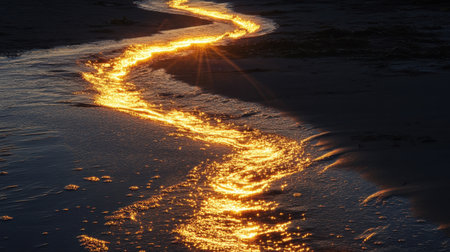 This stunning image captures the golden reflection of the sunset on a winding stream of water flowing across the beach, creating a serene and picturesque moment.の素材