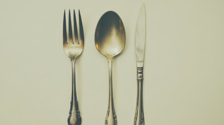 A beautifully arranged vintage cutlery set featuring a fork, spoon, and knife, perfect for enhancing dining experiences and culinary setups in various settings.の素材
