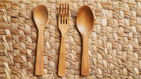 A beautiful bamboo cutlery set featuring a spoon, fork, and knife arranged on a natural woven placemat. Perfect for eco-conscious dining and rustic kitchen aesthetics.の素材