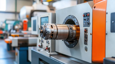 A high-precision CNC machine tool stands in a modern manufacturing facility, showcasing advanced technology and equipment for precise engineering processes and efficient production.の素材