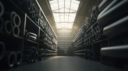 Explore a spacious industrial warehouse featuring neatly organized metal pipes on shelves, illuminated by soft natural light that enhances the atmosphere of productivity.の素材